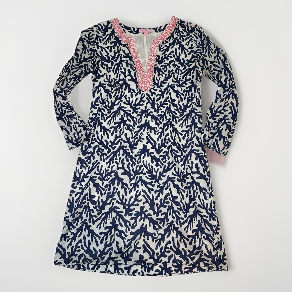 LILLY PULITZER Courtney Tunic Dress‎ Bright Navy Coral Beaded Cotton Women XS